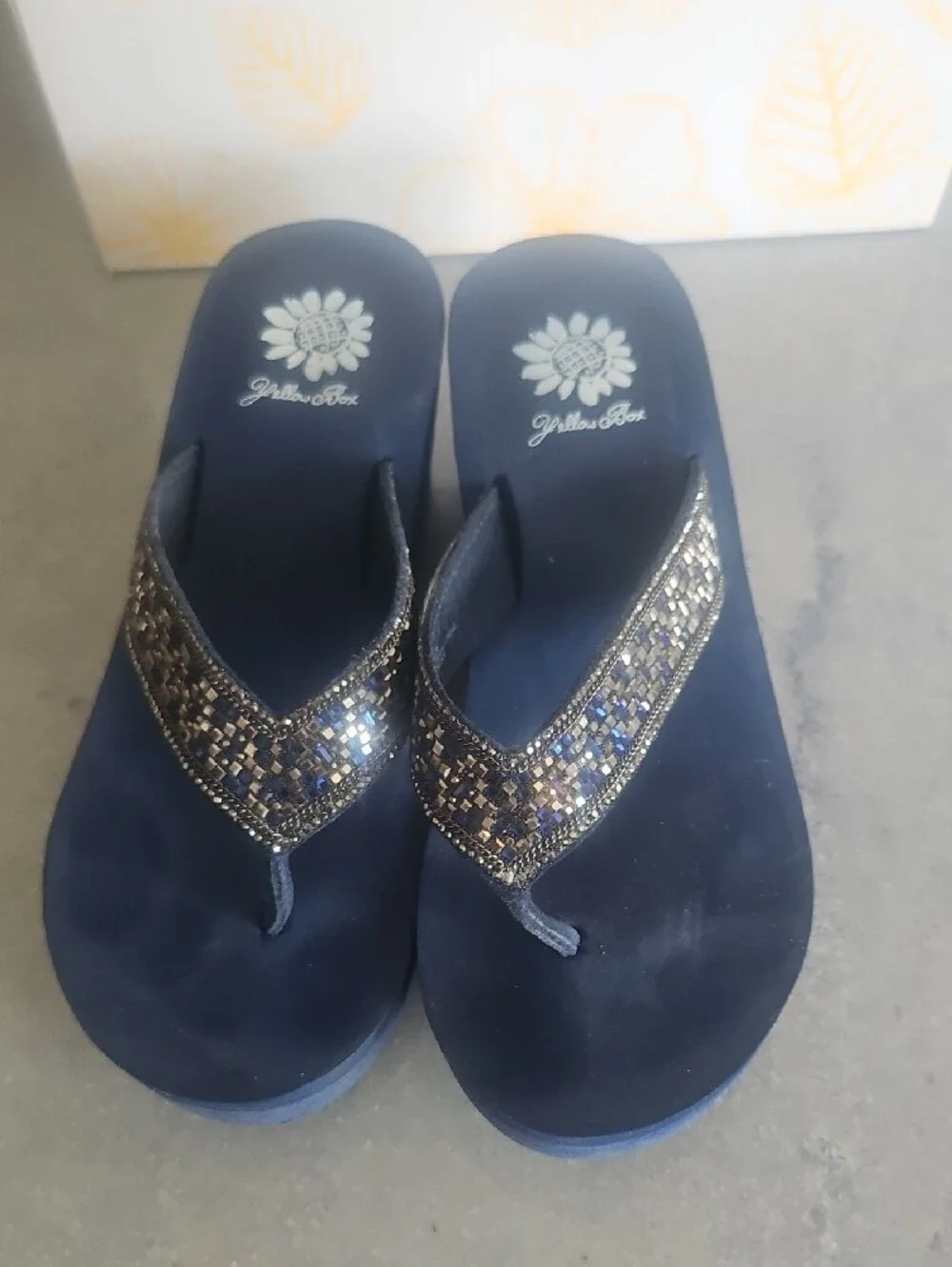 Yellow Box Navy Beaded Wedge Thong Sandals